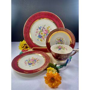 Aristocrat by Salem century maroon set 4 pieces, tea cup set, 23K gold encrusted